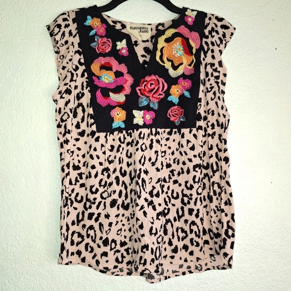 Savanna Jane Pink Black Leopard Embroidered Floral Sleeveless Size Small - Picture 1 of 1